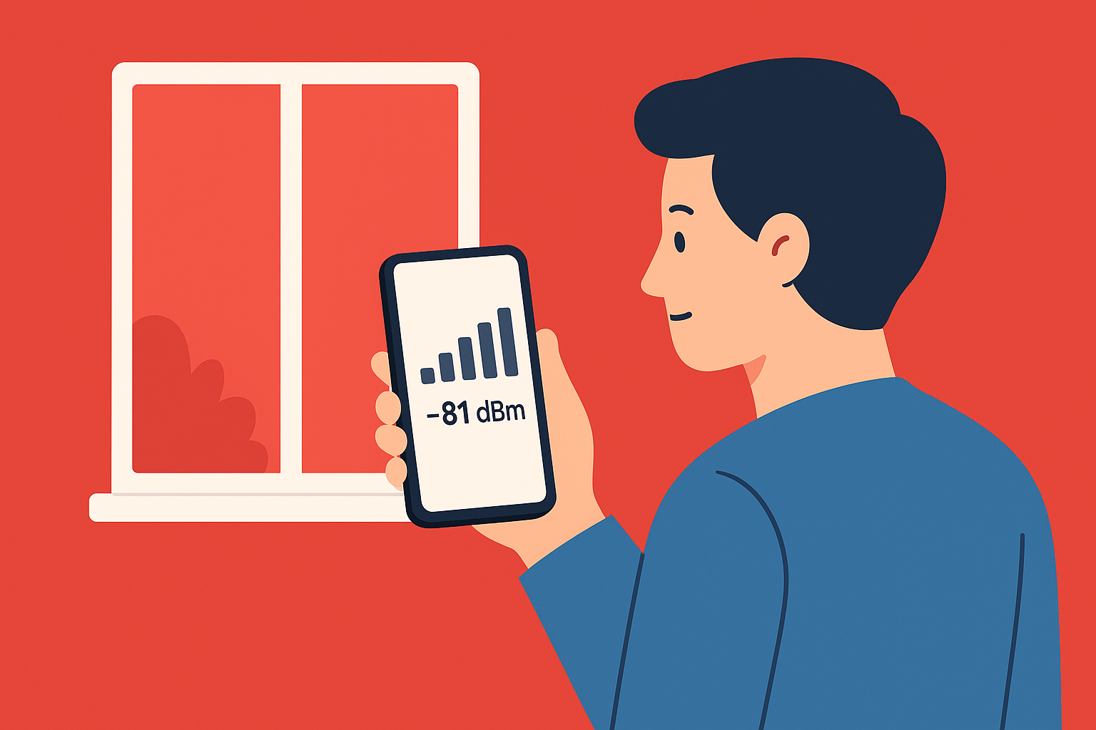 Person holding smartphone showing signal strength reading in dBm.