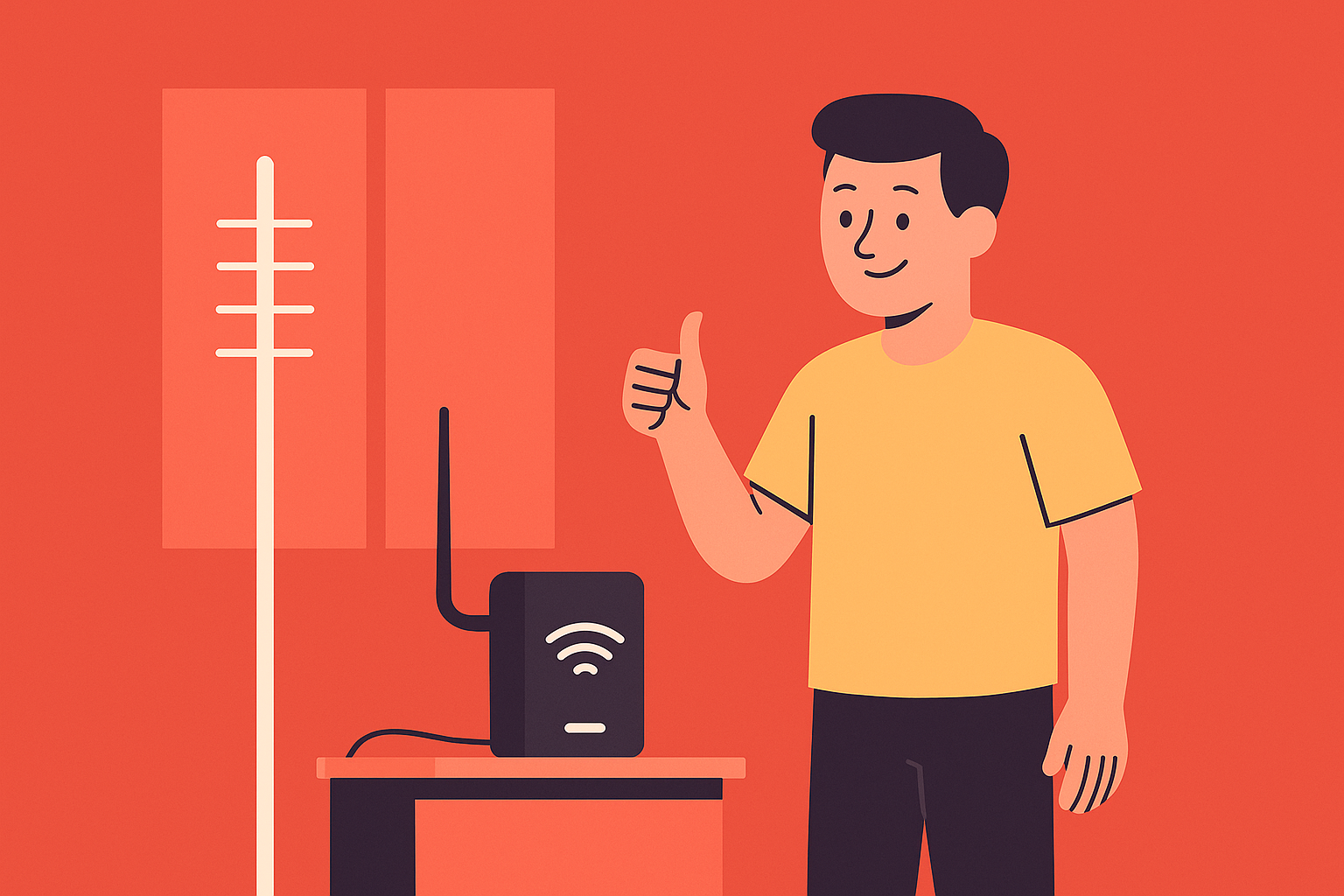 Man giving thumbs‑up beside a mobile signal booster and antenna in his living room.