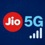 Reliance Jio 5G logo with signal strength icon on digital blue background