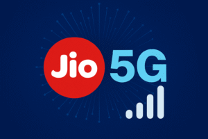 Reliance Jio 5G logo with signal strength icon on digital blue background