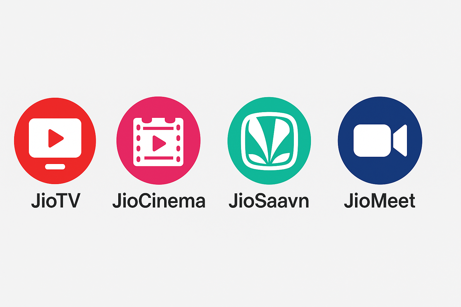 Logos of JioTV, JioCinema, JioSaavn, and JioMeet displayed in a horizontal row