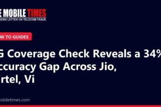 The Mobile Times headline card: 5G Coverage Check Reveals a 34% Accuracy Gap Across Jio, Airtel, Vi
