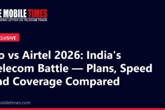 The Mobile Times headline card: Jio vs Airtel 2026: India's Telecom Battle — Plans, Speed and Coverage Compared